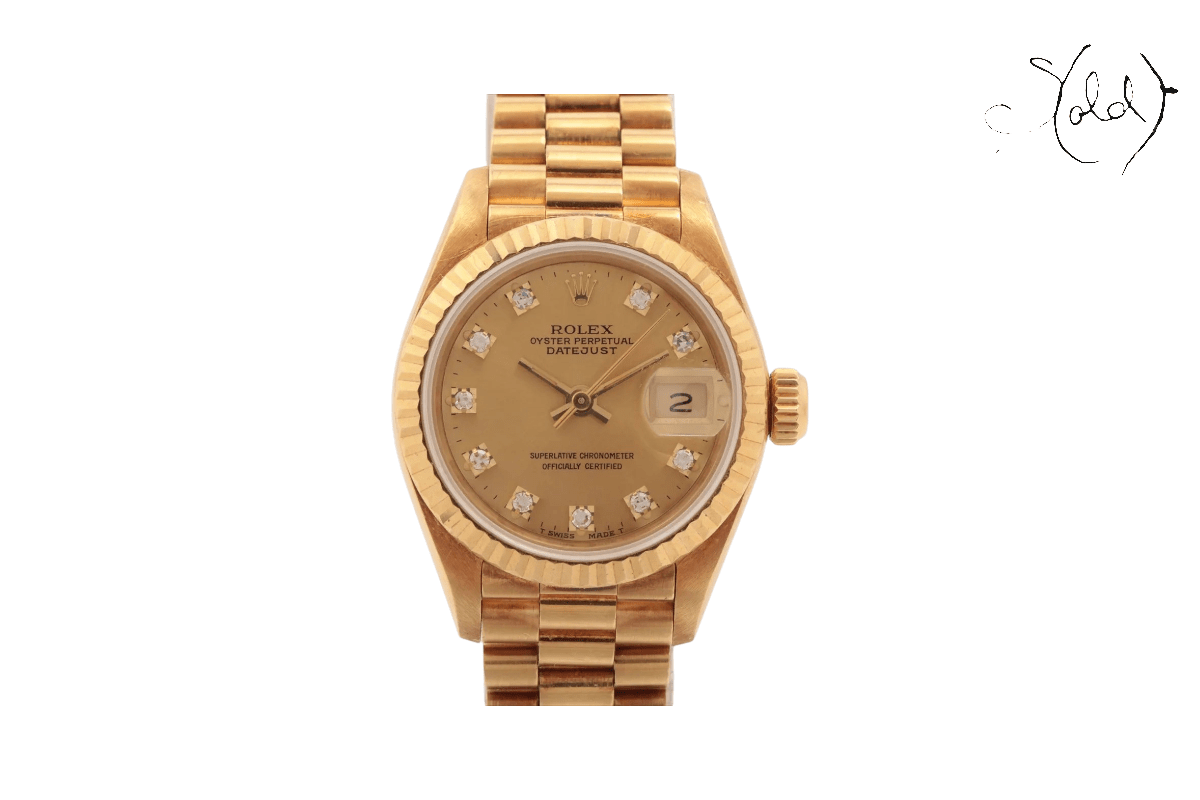 Rolex Datejust gold watch on Sold Attire blog canvas.