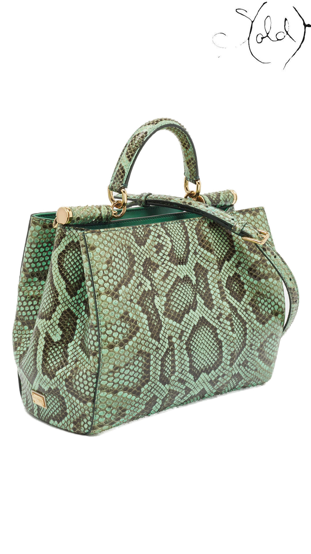 Dolce & Gabbana green python Miss Sicily tote angled side view on pure white