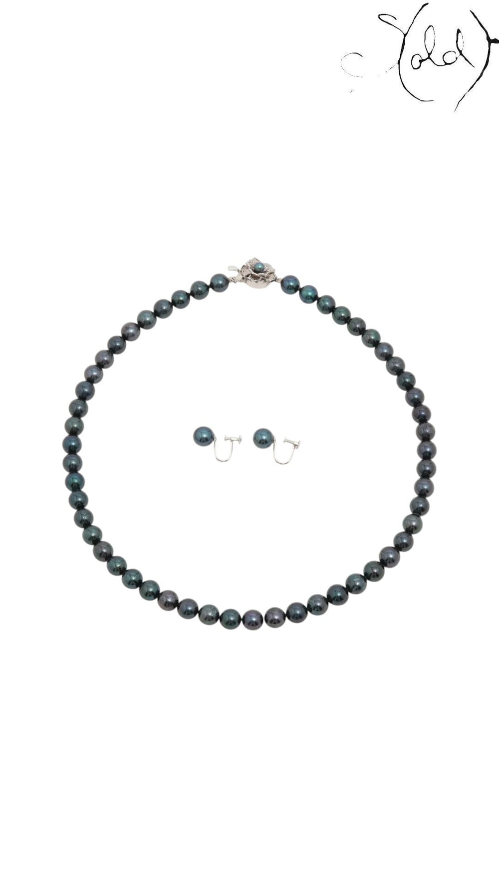 Sold Attire dark green-blue Akoya pearl necklace and matching earrings with K14 white gold hardware on white background