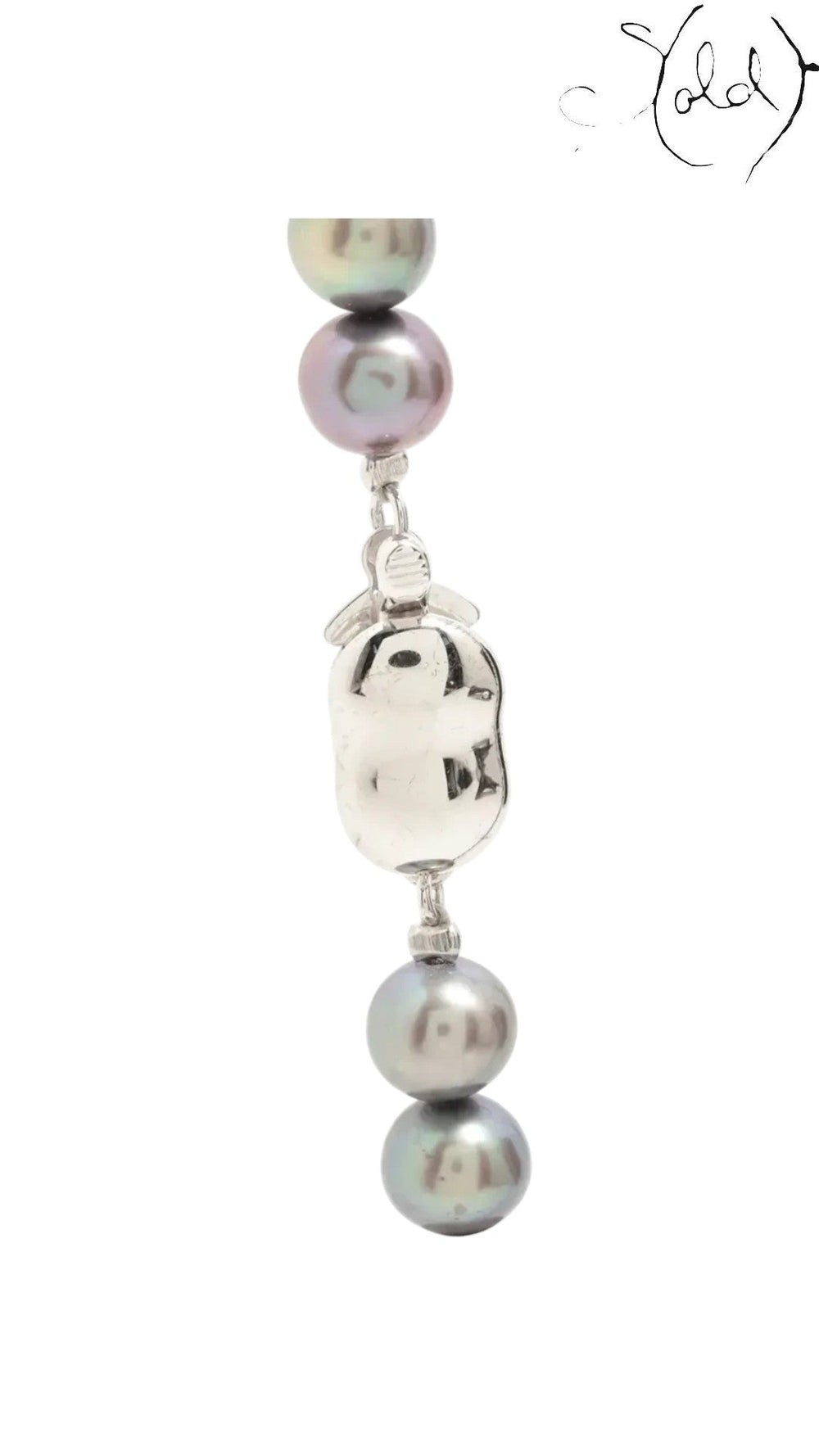 Sold Attire dark-tone Akoya pearl necklace with a unique silver clasp and iridescent grey, purple, and green pearls.