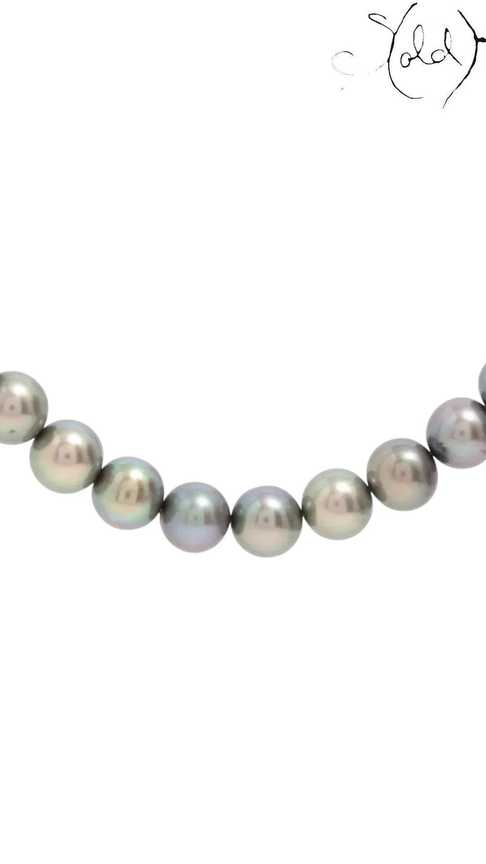 Sold Attire dark-tone Akoya cultured pearl necklace with grey, green, violet, and silver tones and an SV clasp.