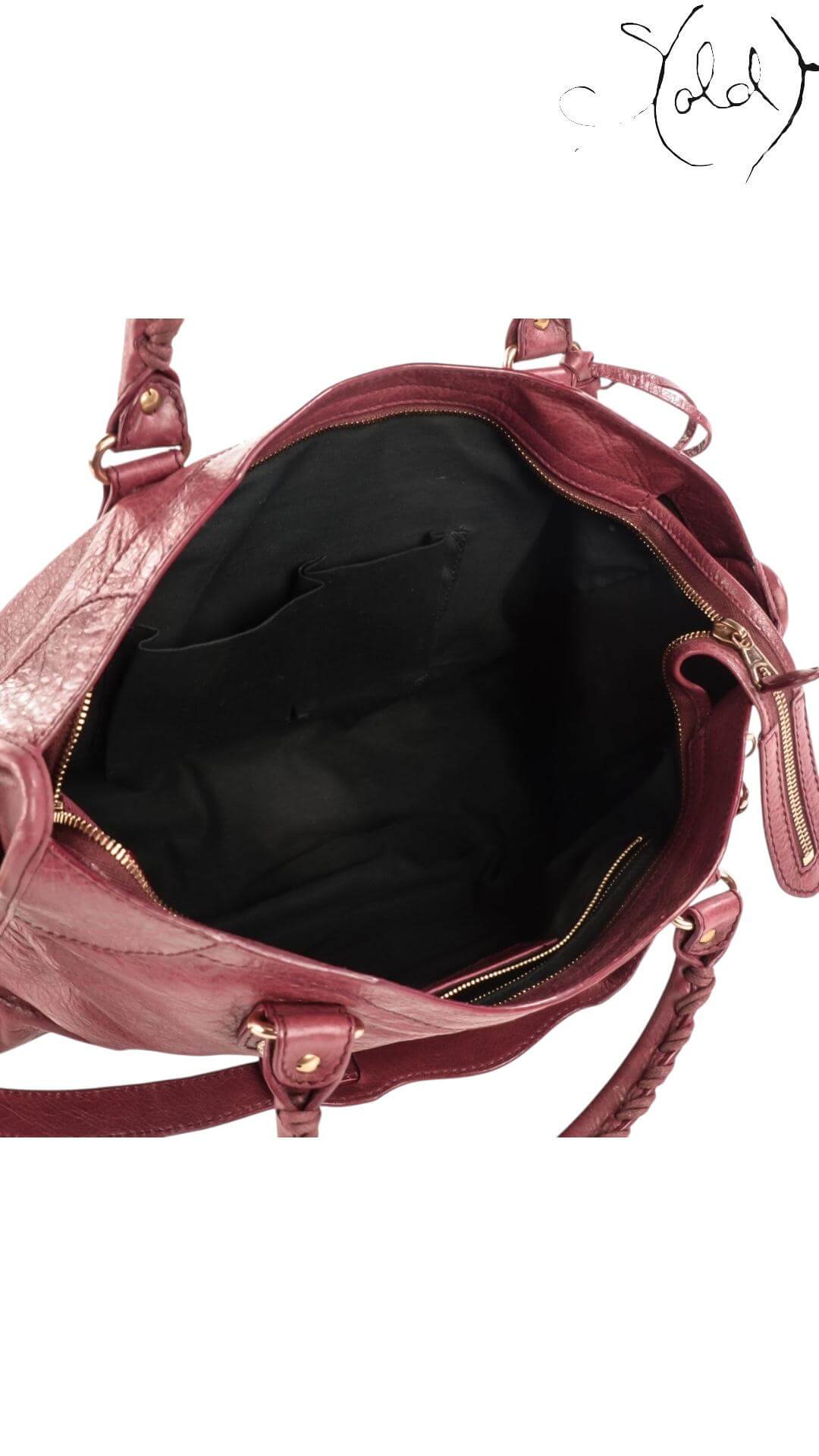 BALENCIAGA Agneau Giant 12 City – Cassis with Rose Gold Hardware, Interior view | Sold Attire