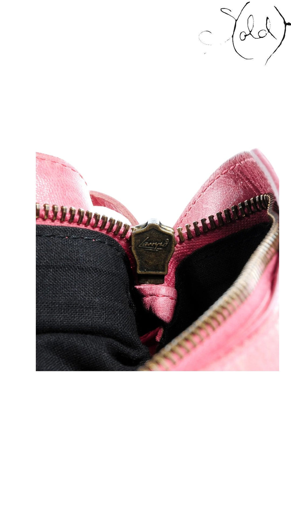 Sold Attire hot pink distressed lambskin Balenciaga The First 2-Way handbag zipper detail with tassel pull.