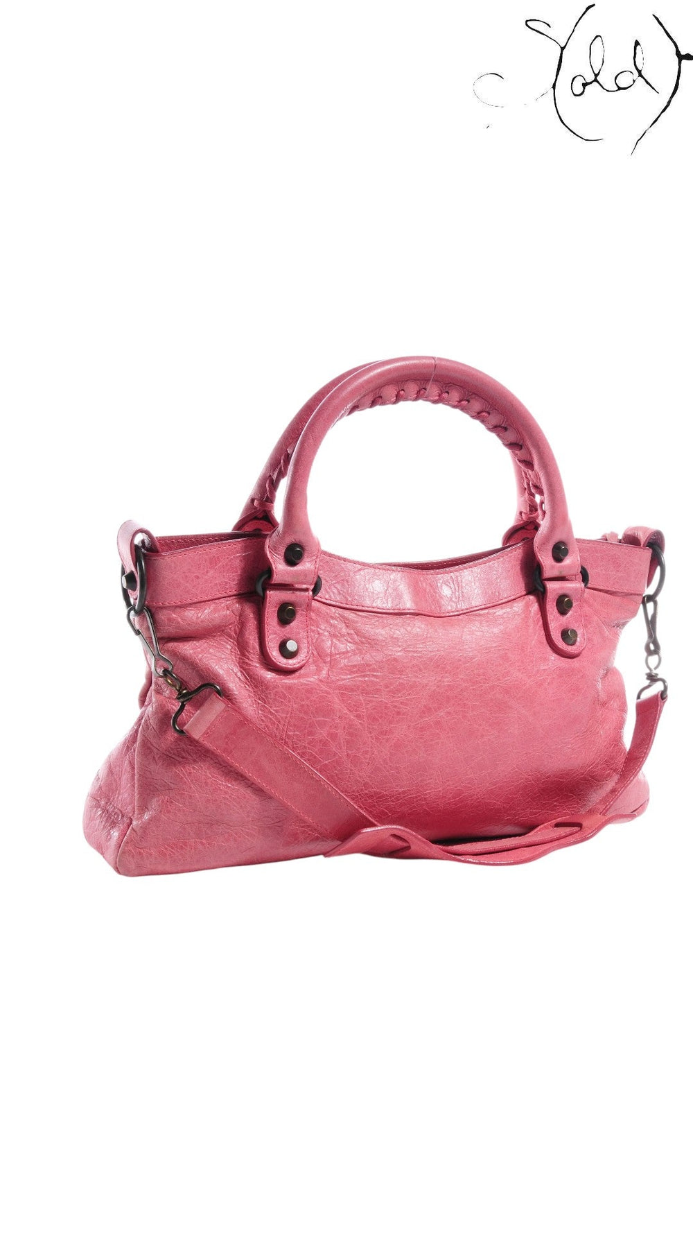 Sold Attire hot pink distressed lambskin Balenciaga The First 2-Way handbag with braided top handles and detachable shoulder strap.