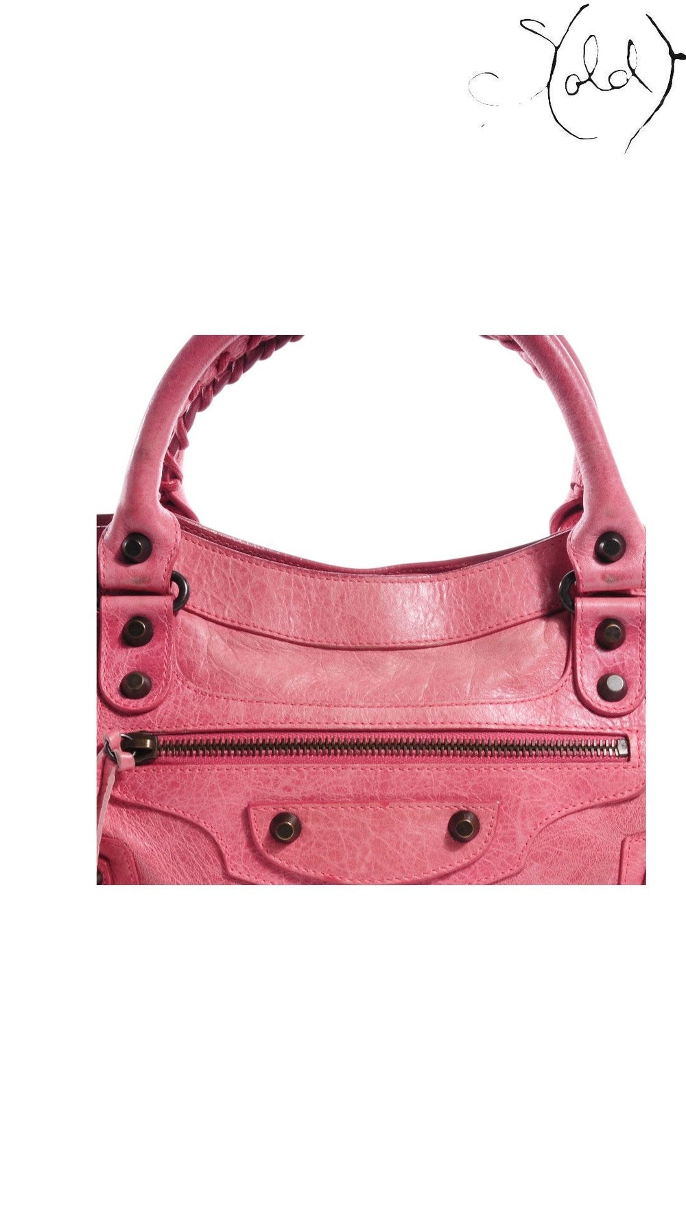 Sold Attire hot pink distressed lambskin Balenciaga The First 2-Way handbag with zip pocket and studs.