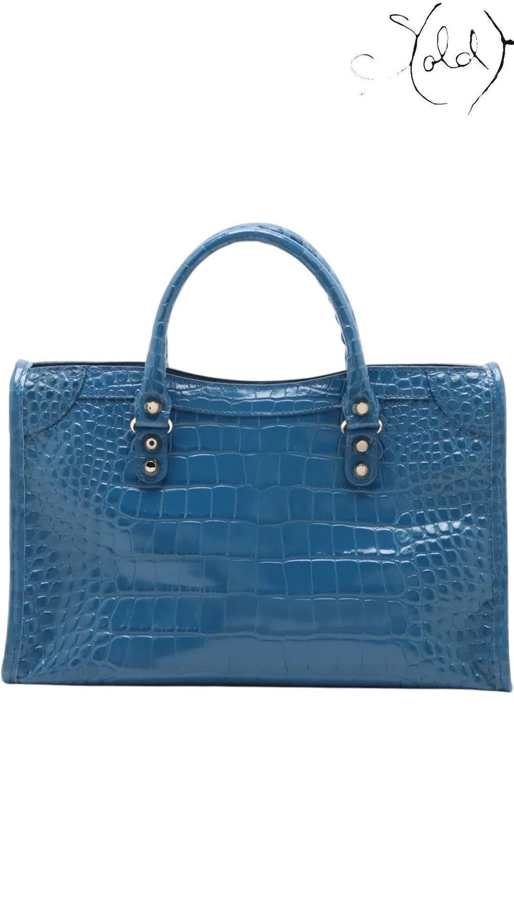 Sold Attire Balenciaga Bleu Marine crocodile-embossed calfskin City bag with rolled handles and classic hardware.