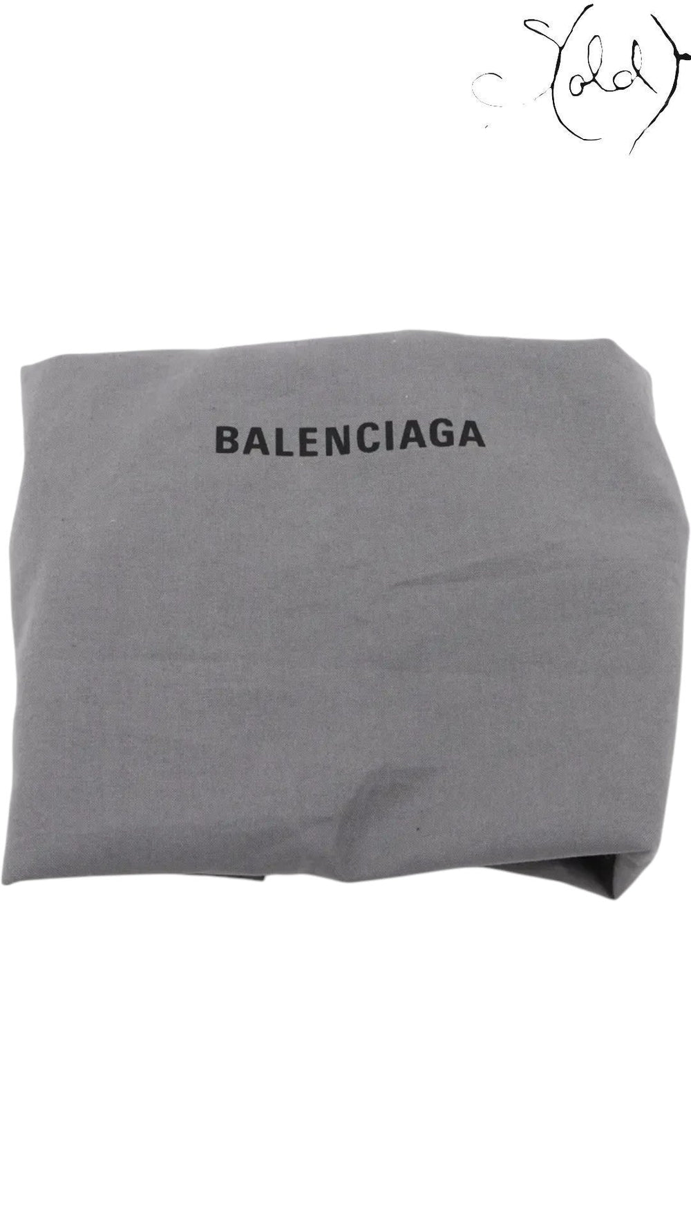 Sold Attire grey fabric Balenciaga dust bag with black logo print, used for storing luxury handbags.