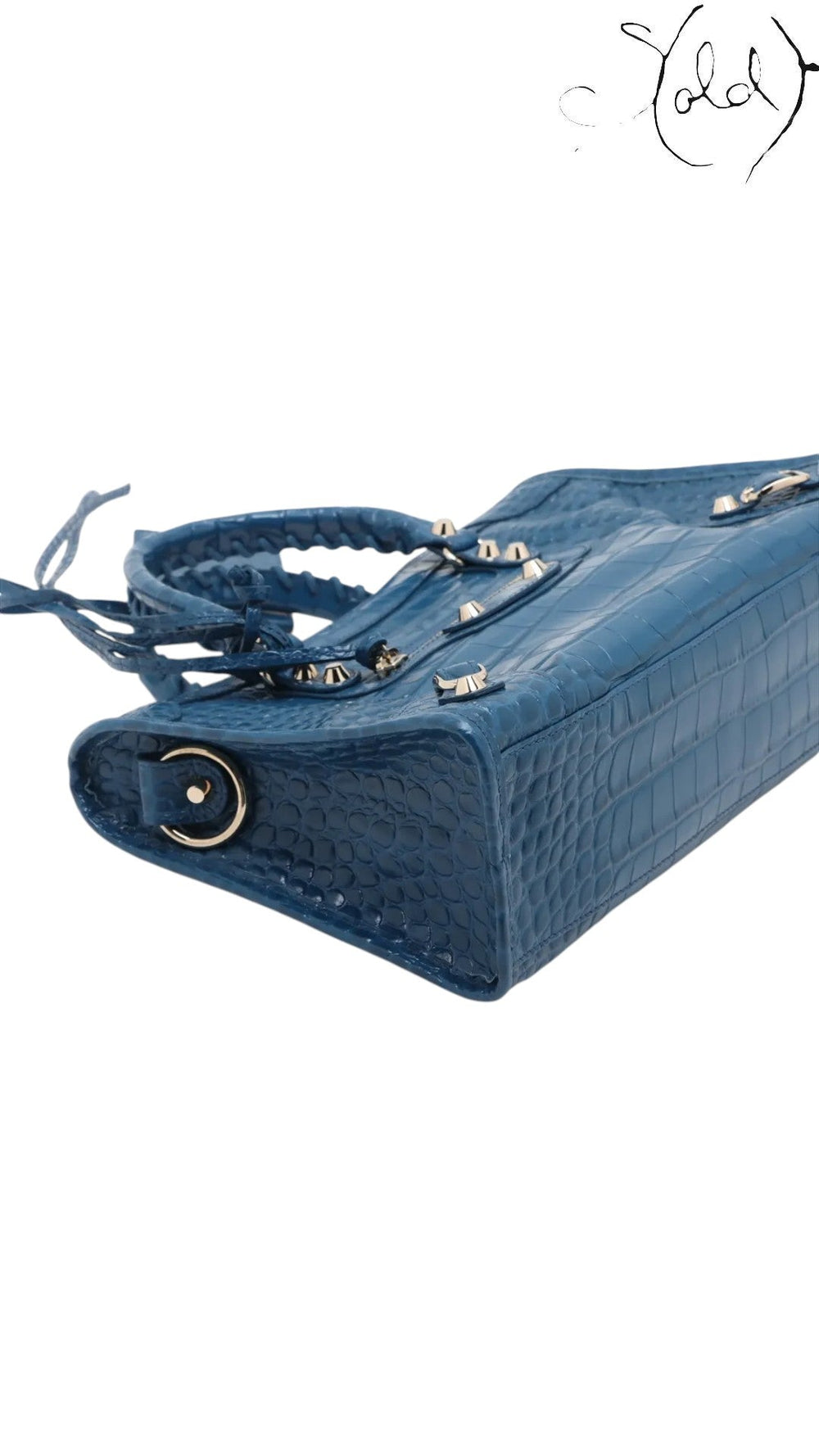 Sold Attire Balenciaga City bag in Bleu Marine crocodile-embossed calfskin with classic silver-tone hardware.