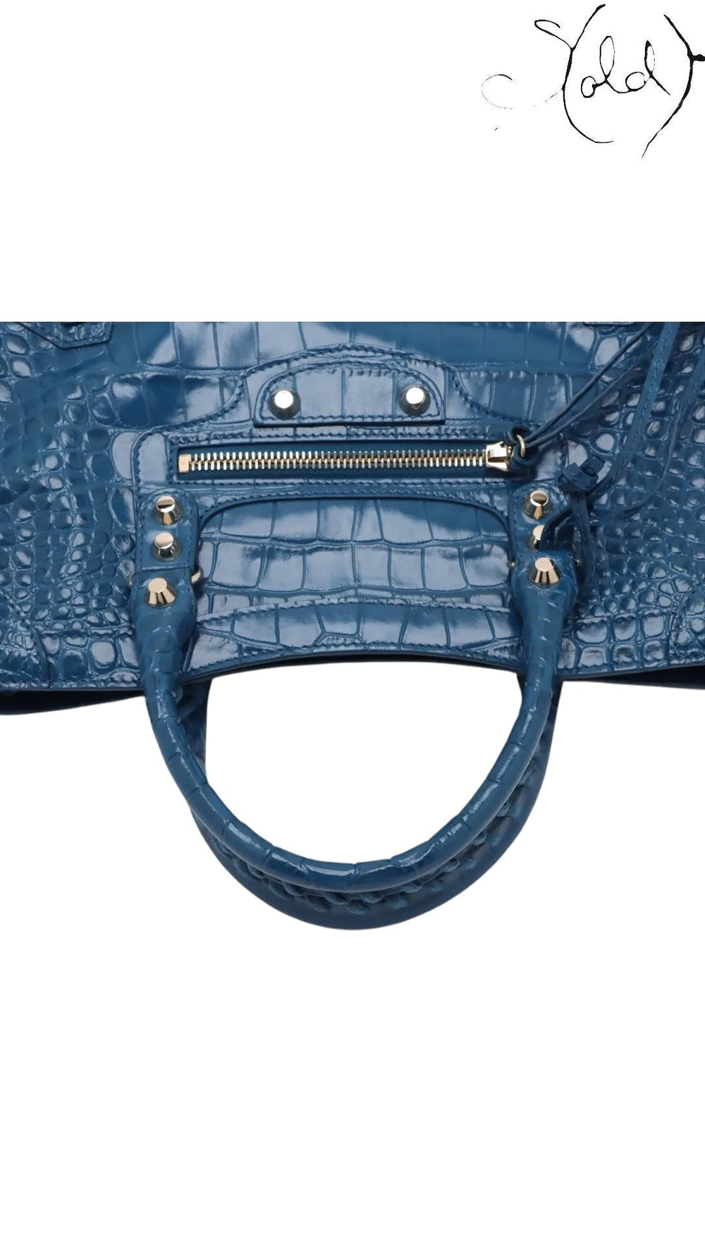 Sold Attire Balenciaga Bleu Marine crocodile-embossed calfskin City bag with signature studs and rolled leather handle.