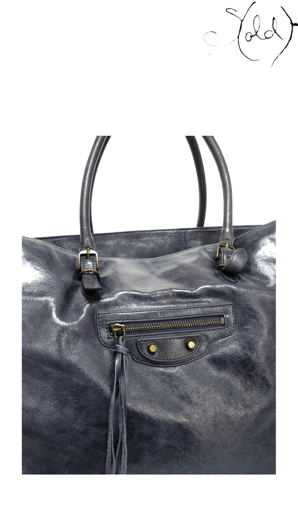 Balenciaga Dark Blue Leather City Tote: front leather detail