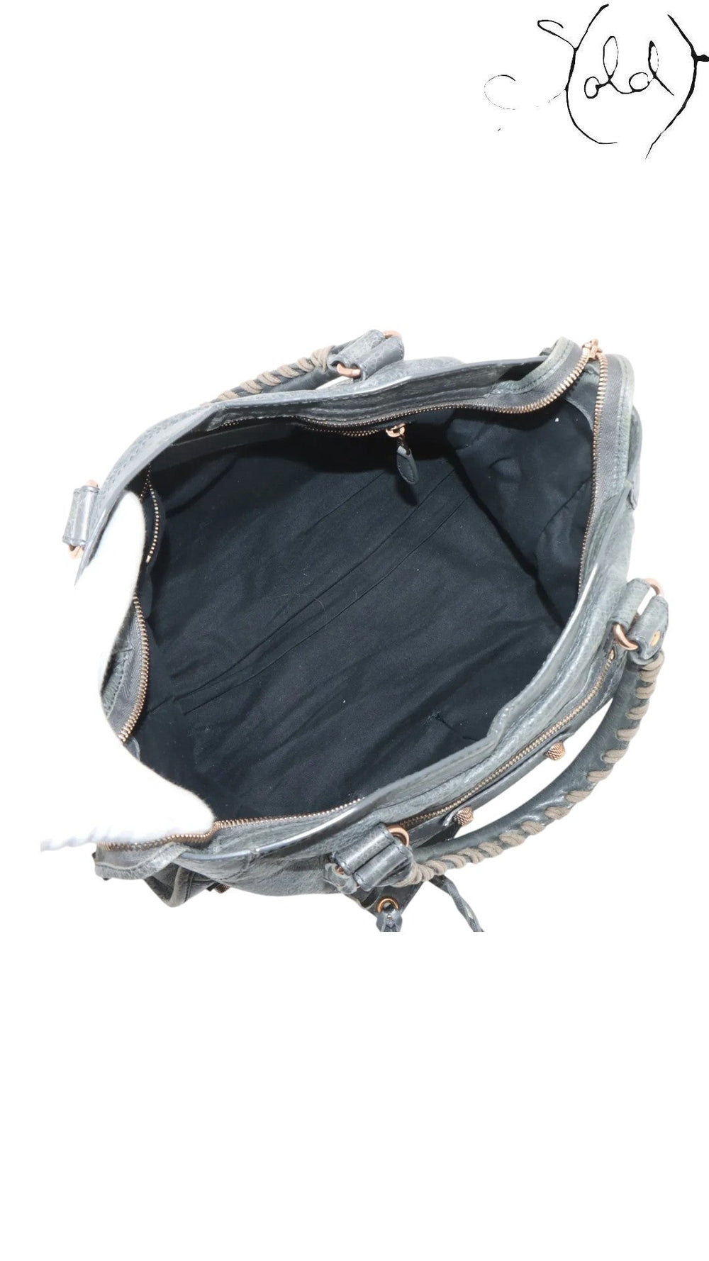 Sold Attire Balenciaga Giant City 2-Way Bag in grey distressed leather with aged metal hardware and braided handles.