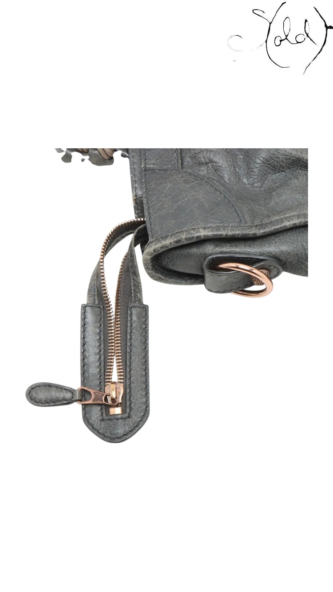 Sold Attire Balenciaga Giant City 2-Way Bag in distressed grey leather with rose gold hardware and zip detail.