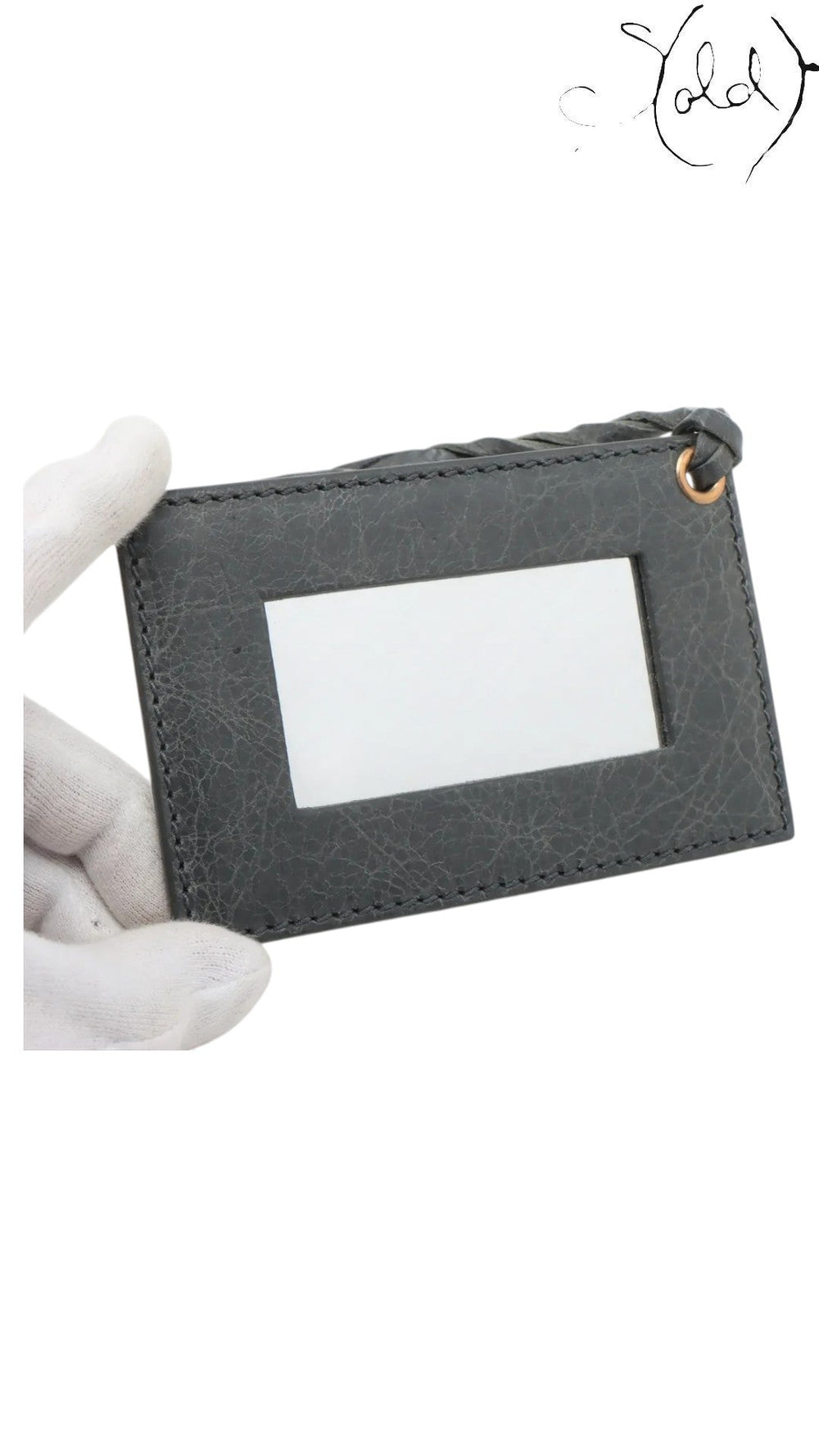 Sold Attire grey distressed leather mirror tag with braided loop and rose gold hardware