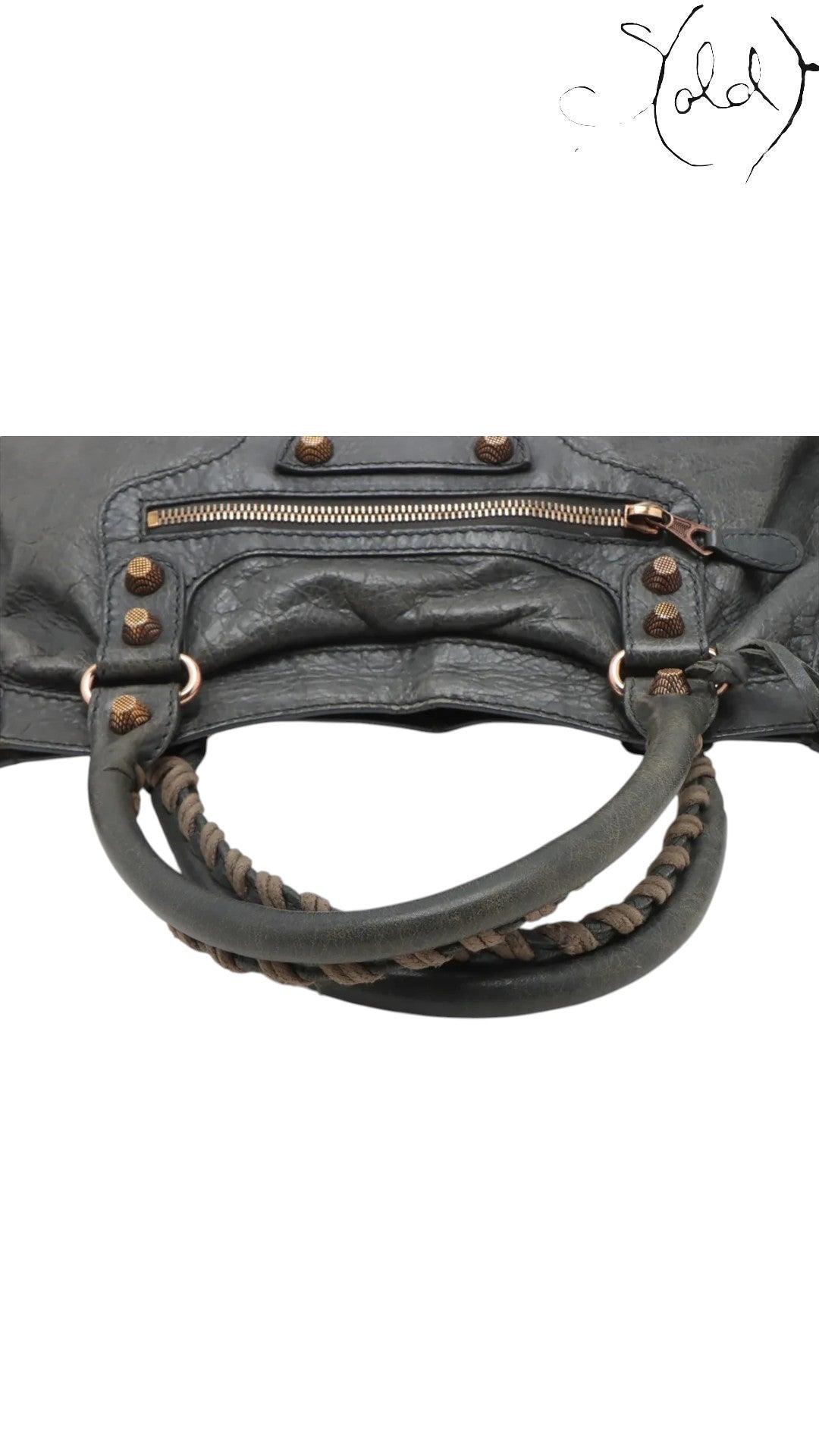 Sold Attire Balenciaga Giant City 2-Way Bag in distressed grey leather with aged brass hardware and braided handles.