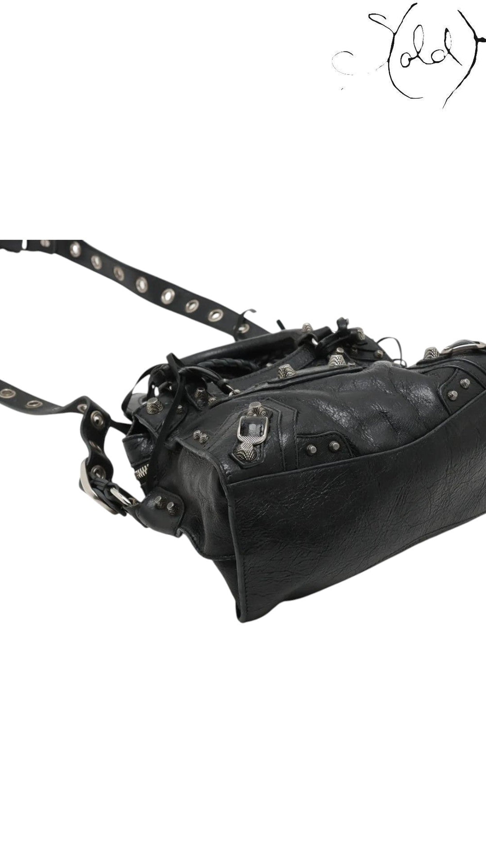 Sold Attire Balenciaga Neo Cagole XS black lambskin bag with silver-tone studs and detachable shoulder strap