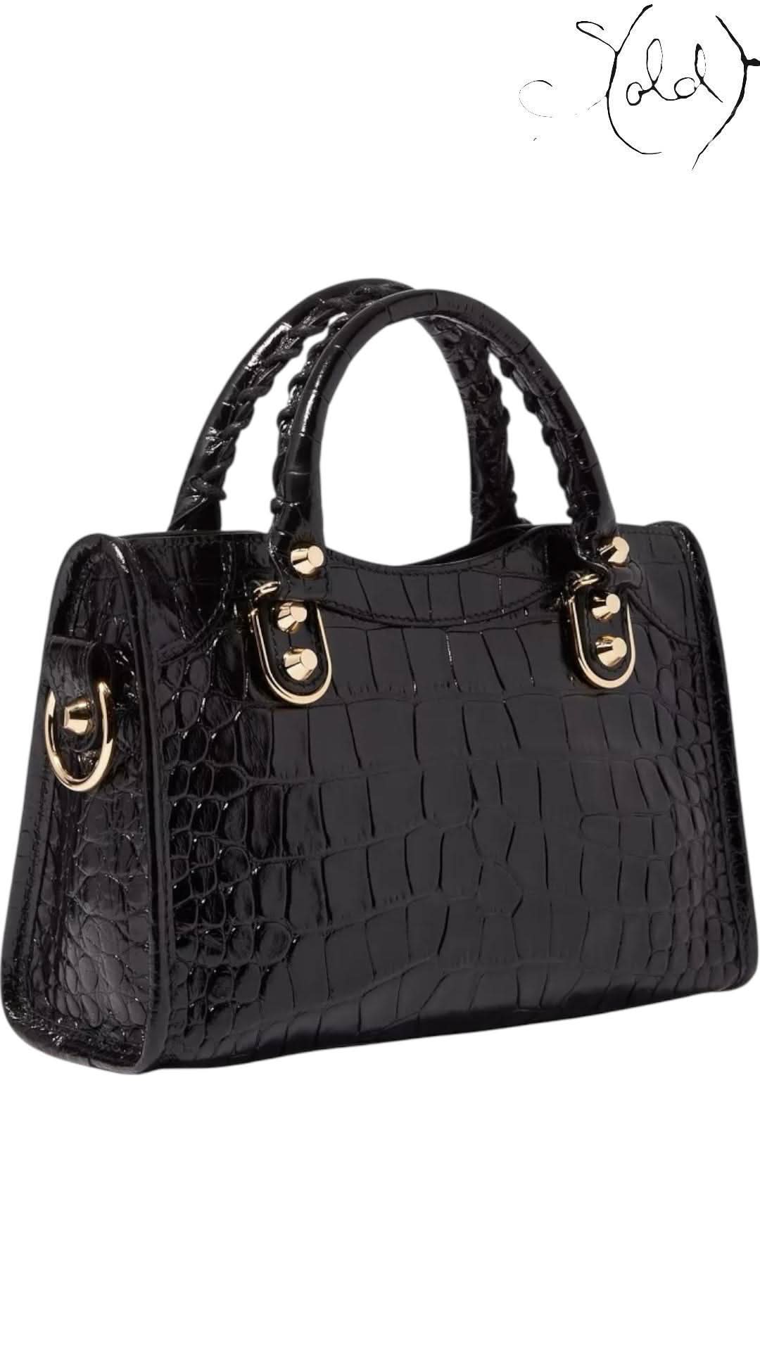 Balenciaga Black Croc - Embossed Small Metallic Edge City Bag | Sold Attire - Sold Attire