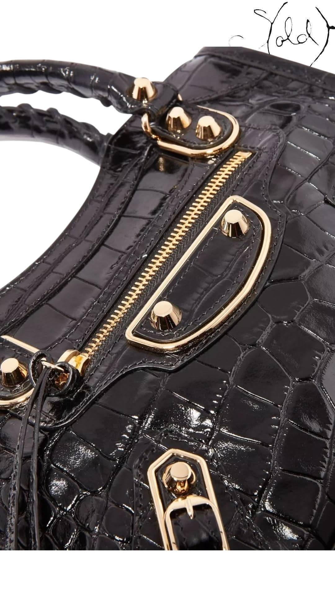 Balenciaga Black Croc - Embossed Small Metallic Edge City Bag | Sold Attire - Sold Attire