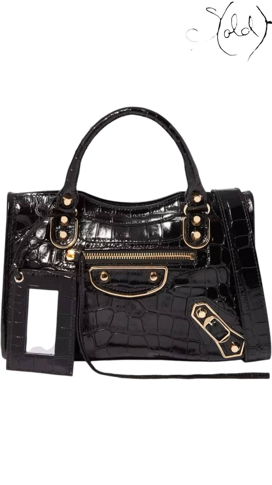 Balenciaga Black Croc - Embossed Small Metallic Edge City Bag | Sold Attire - Sold Attire