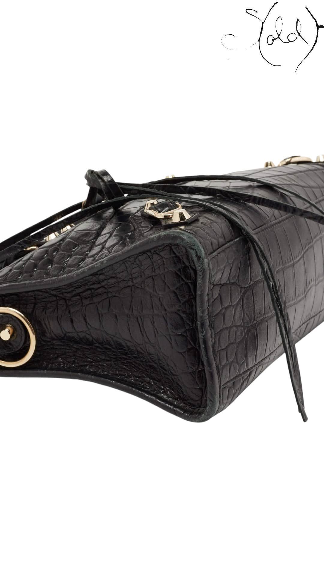 Balenciaga Black Croc - Embossed Small Metallic Edge City Bag | Sold Attire - Sold Attire