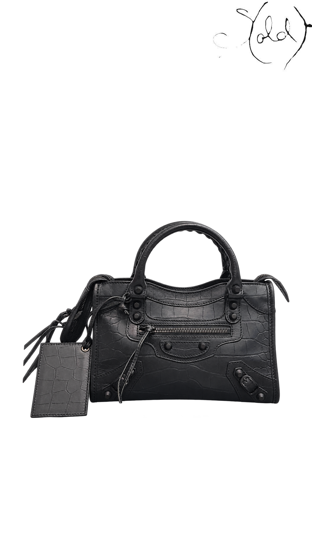 Balenciaga Mini City Black Croc-Embossed Leather Bag, front with mirror