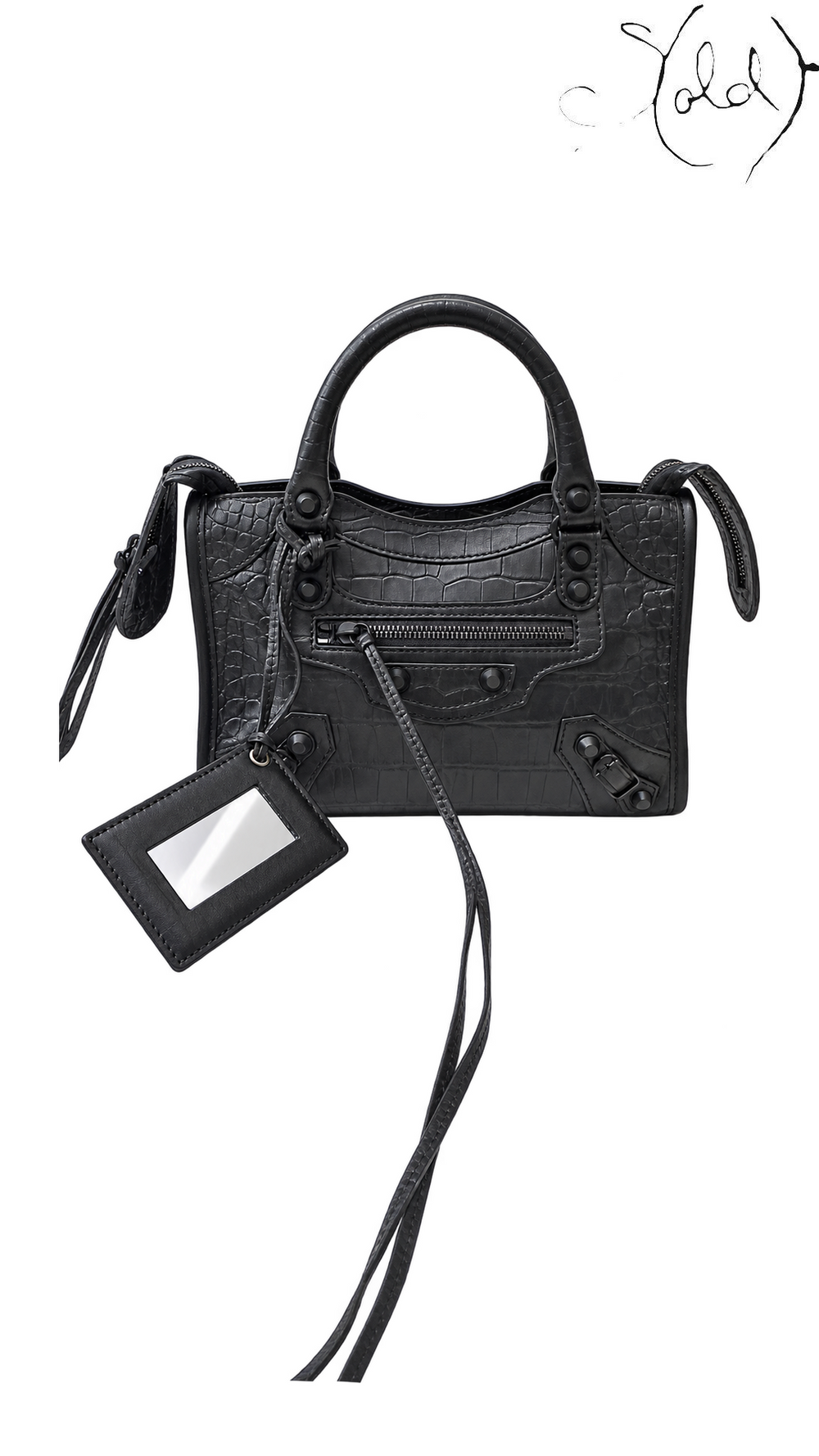 Balenciaga Mini City Black Croc-Embossed Leather Bag, front angle with extended tassels