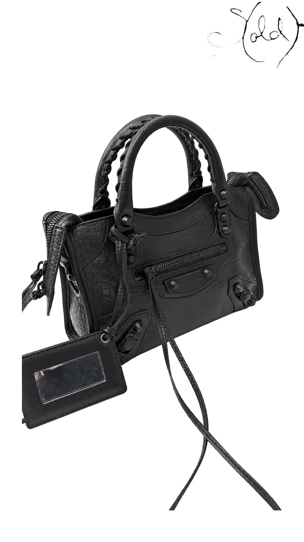 Balenciaga Mini City Black Croc-Embossed Leather Bag, left side angle with mirror