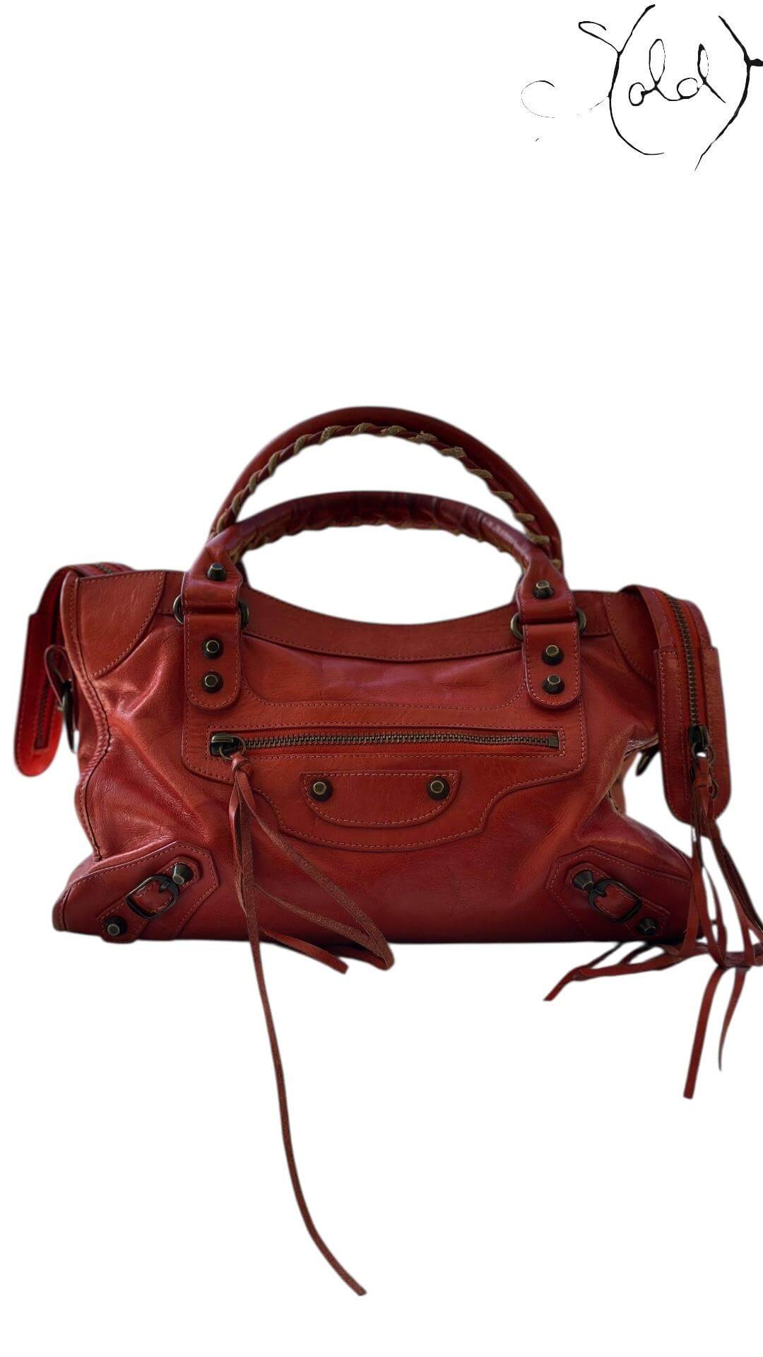 Balenciaga Classic City Vermilion Red Leather Bag – Distressed Brass, Back view | Sold Attire