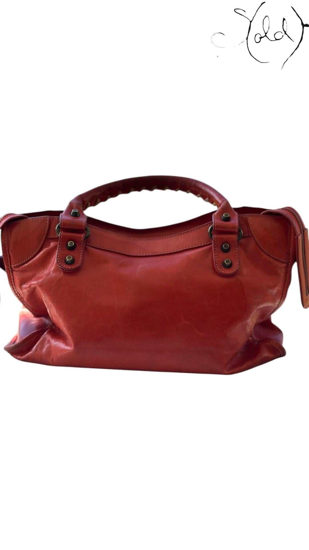 Balenciaga Classic City Vermilion Red Leather Bag – Distressed Brass, Side view | Sold Attire