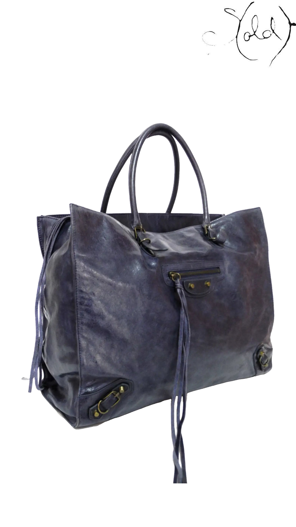 Balenciaga Dark Blue Leather City Tote: angled view