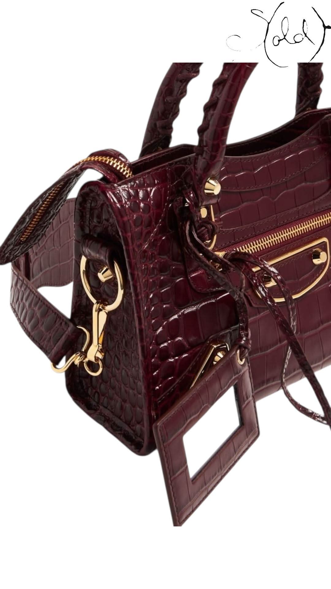 Balenciaga Metallic Edge Croc Burgundy Mini City Bag | Sold Attire - Sold Attire