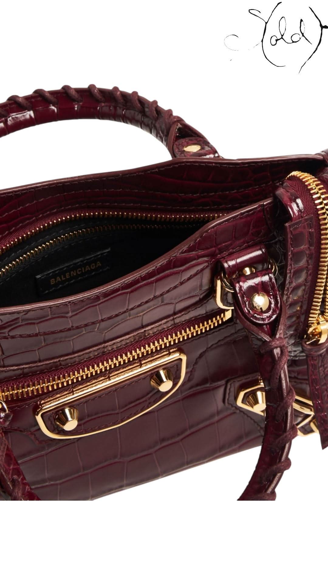 Balenciaga Metallic Edge Croc Burgundy Mini City Bag | Sold Attire - Sold Attire