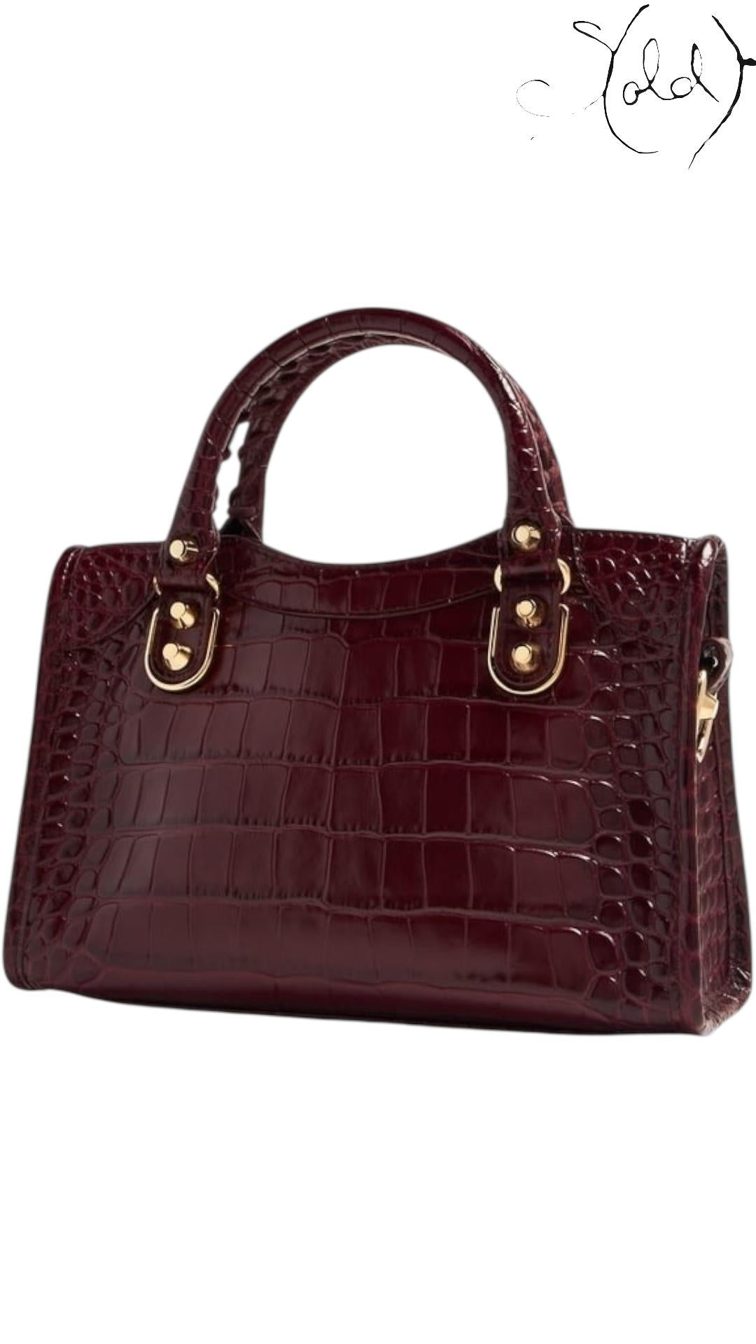 Balenciaga Metallic Edge Croc Burgundy Mini City Bag, Back view | Sold Attire