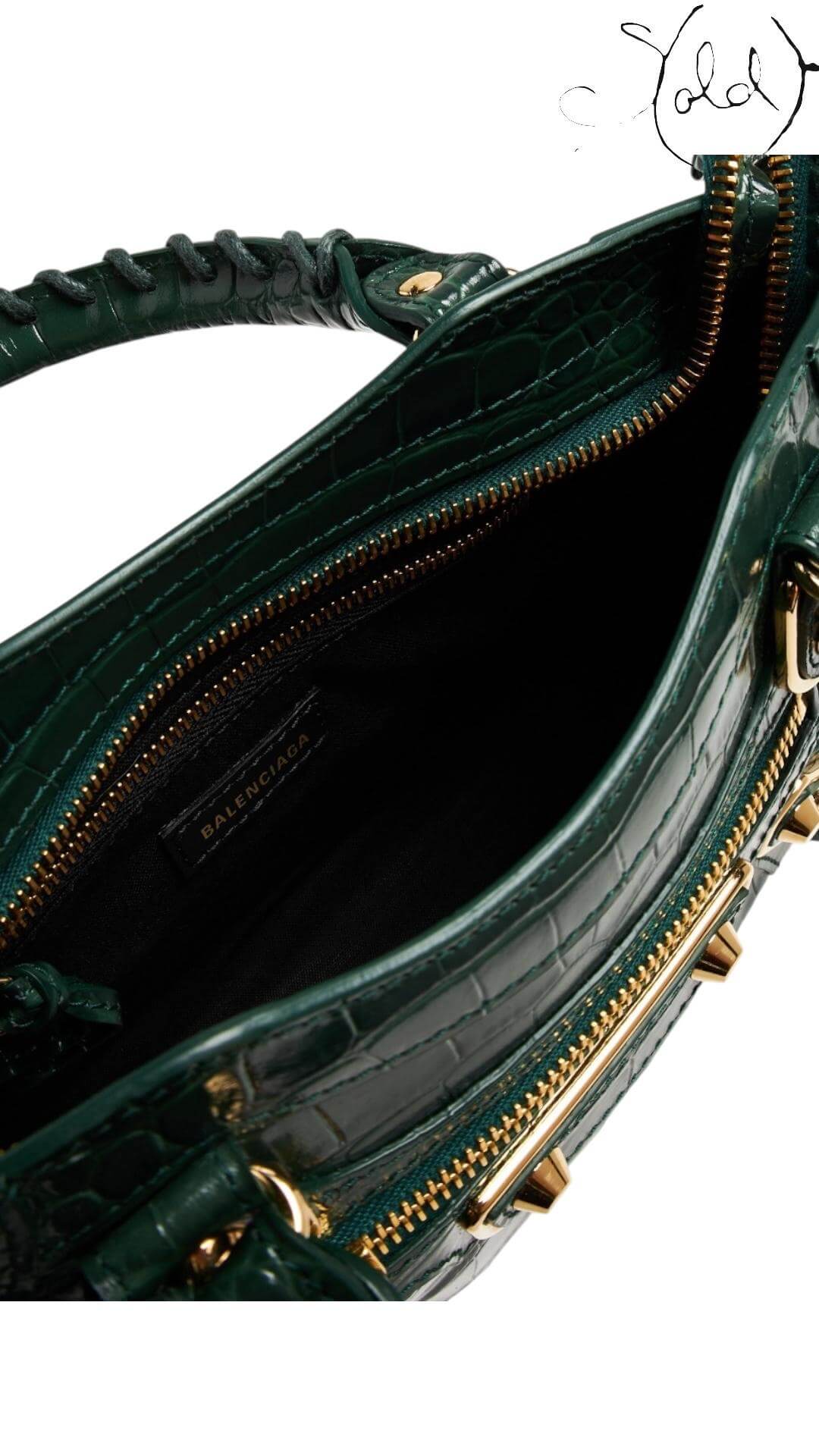 BALENCIAGA Metallic Edge Mini City Bag – Green Croc-Effect Leather, Detail view | Sold Attire