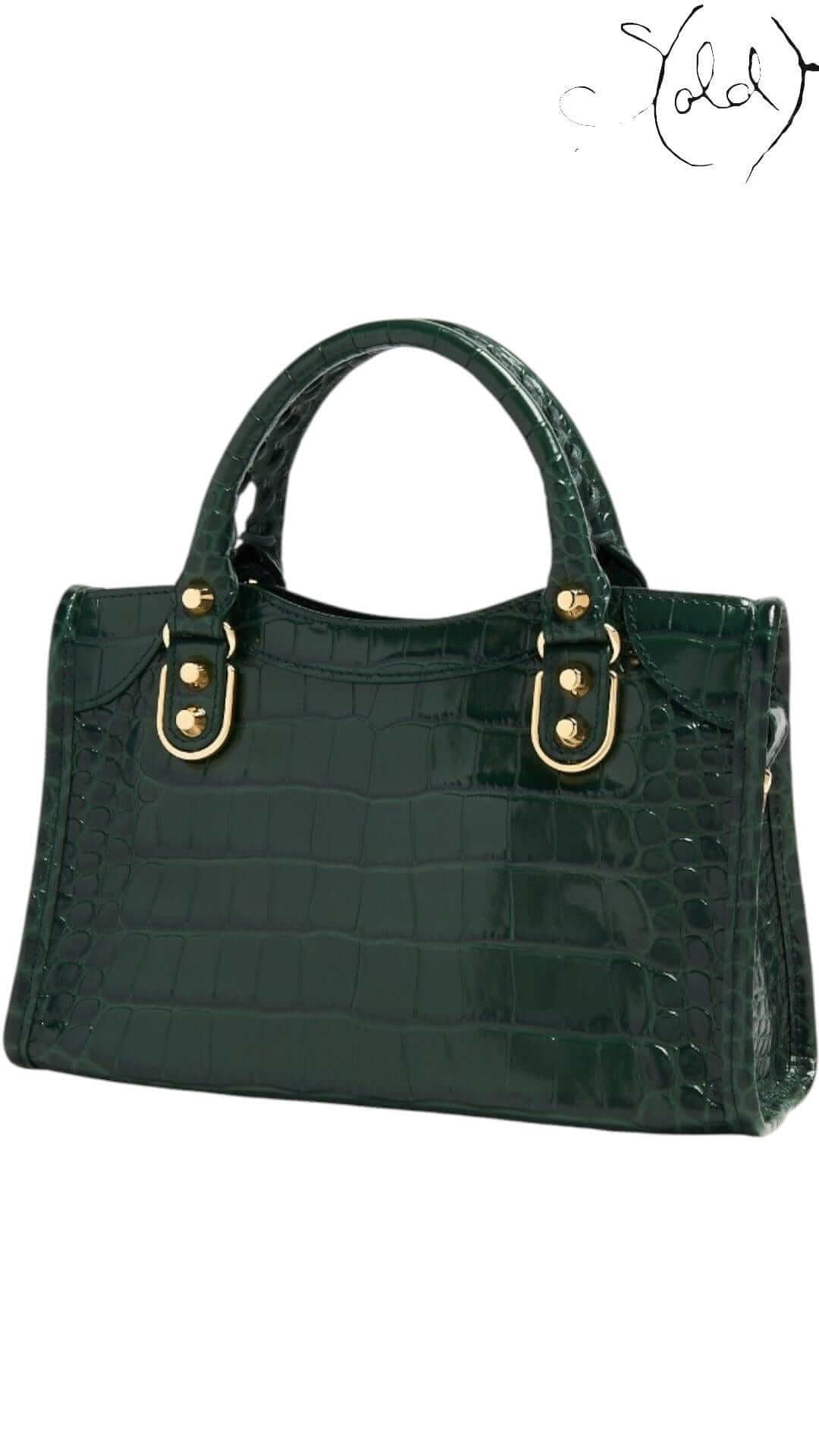 BALENCIAGA Metallic Edge Mini City Bag – Green Croc-Effect Leather, Interior view | Sold Attire