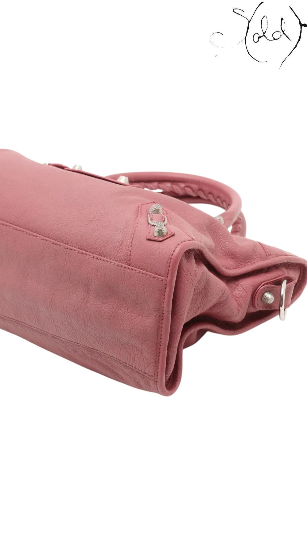 Sold Attire Balenciaga City Giant 12 rose bruyere lambskin handbag with silver hardware and braided top handle.
