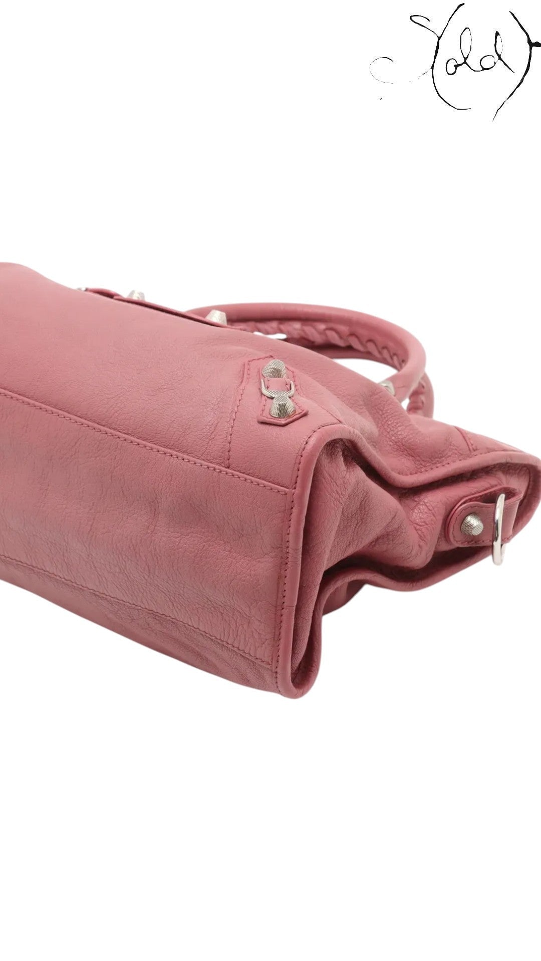 Sold Attire Balenciaga City Giant 12 rose bruyere lambskin handbag with silver hardware and braided top handle.
