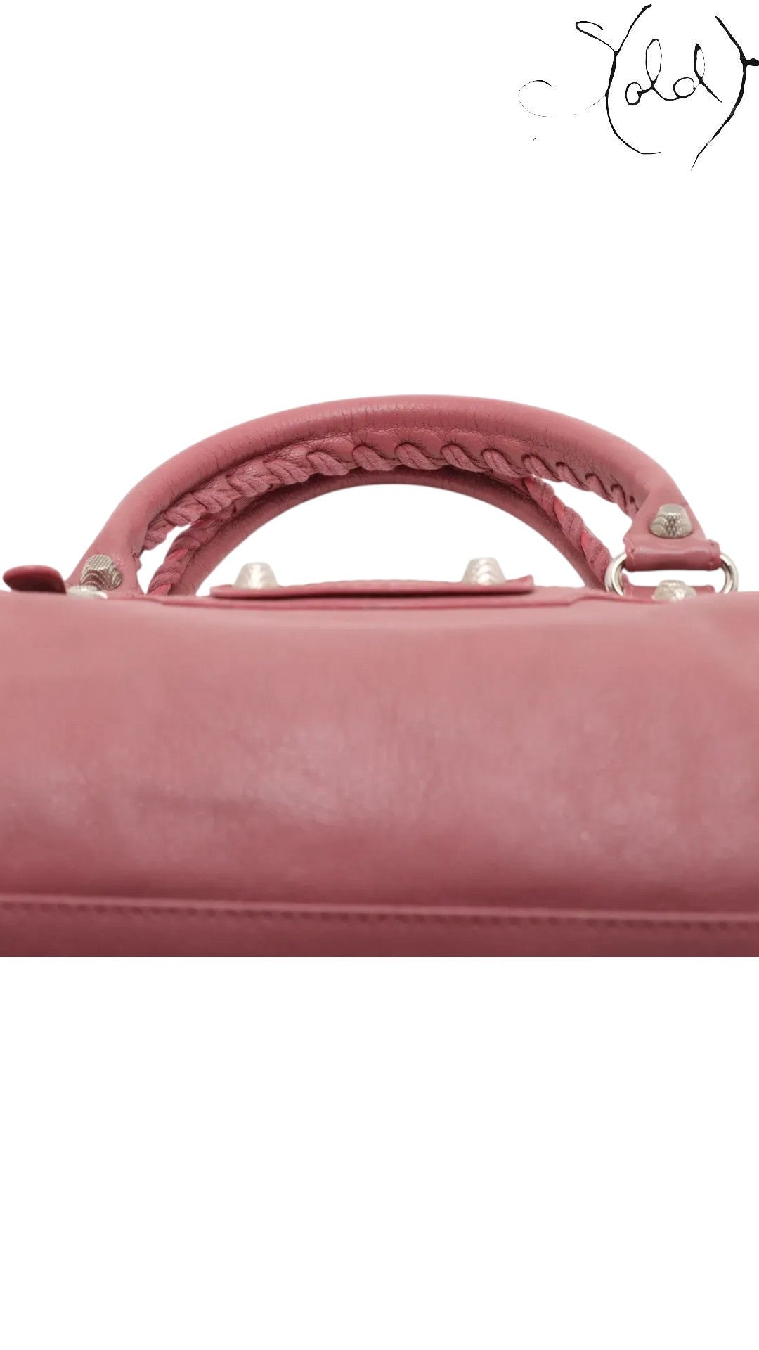 Sold Attire Balenciaga City Giant 12 Rose Bruyere agneau lambskin handbag with braided handle and silver hardware.