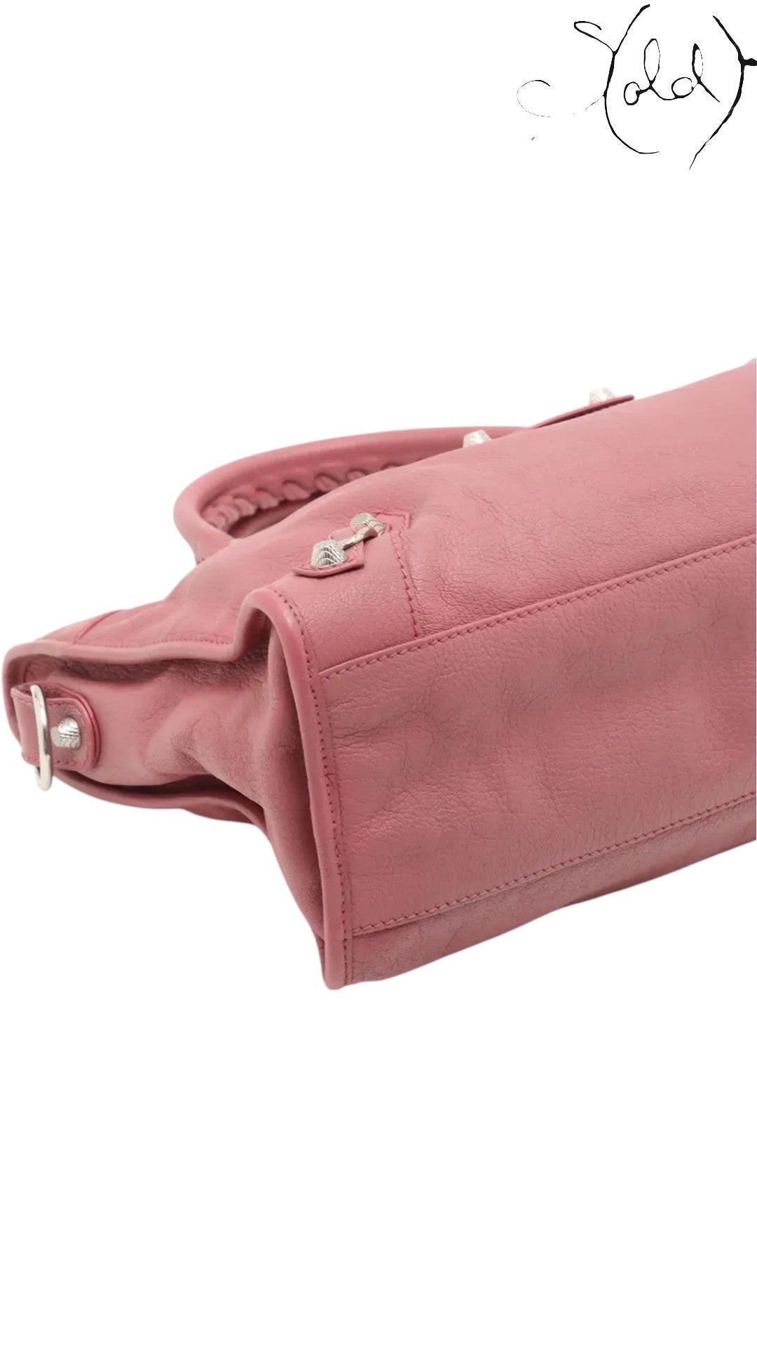 Sold Attire Balenciaga City Giant 12 rose bruyere agneau lambskin handbag with silver hardware.