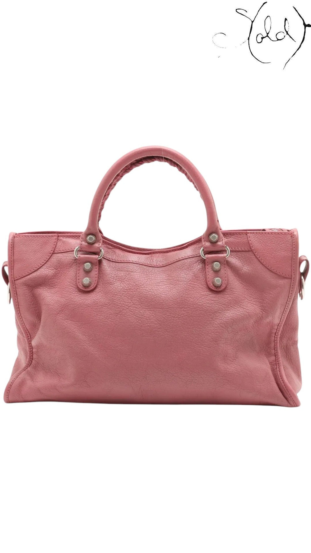 Sold Attire heather pink agneau lambskin Balenciaga City Giant 12 bag with silver hardware and top handles.