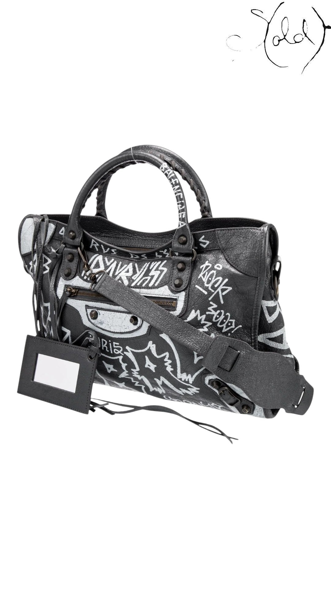 Sold Attire black agneau lambskin Balenciaga Graffiti City Classic Hardware bag with white hand-painted graffiti and a detachable shoulder strap.