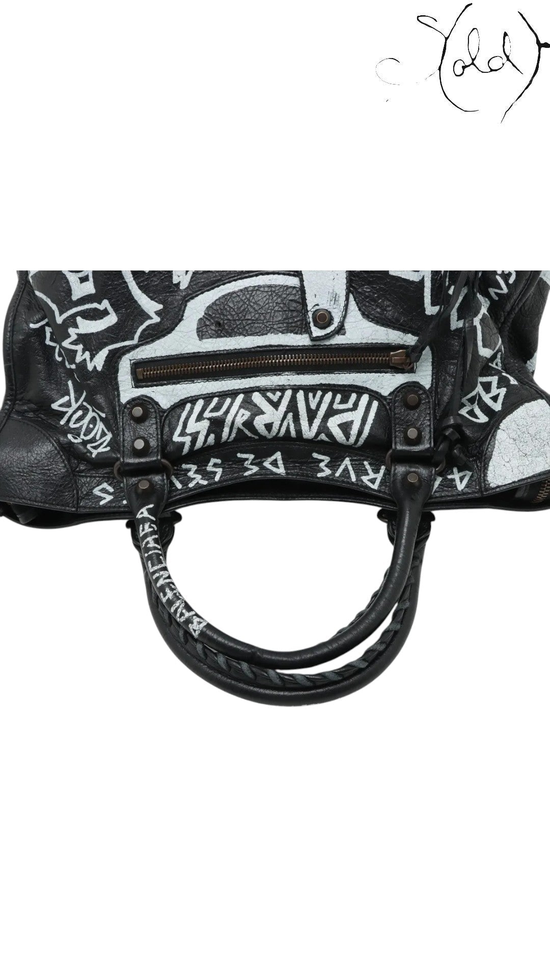 Sold Attire black agneau lambskin Balenciaga Graffiti City Classic Hardware bag with white hand-painted graffiti details and braided handles.