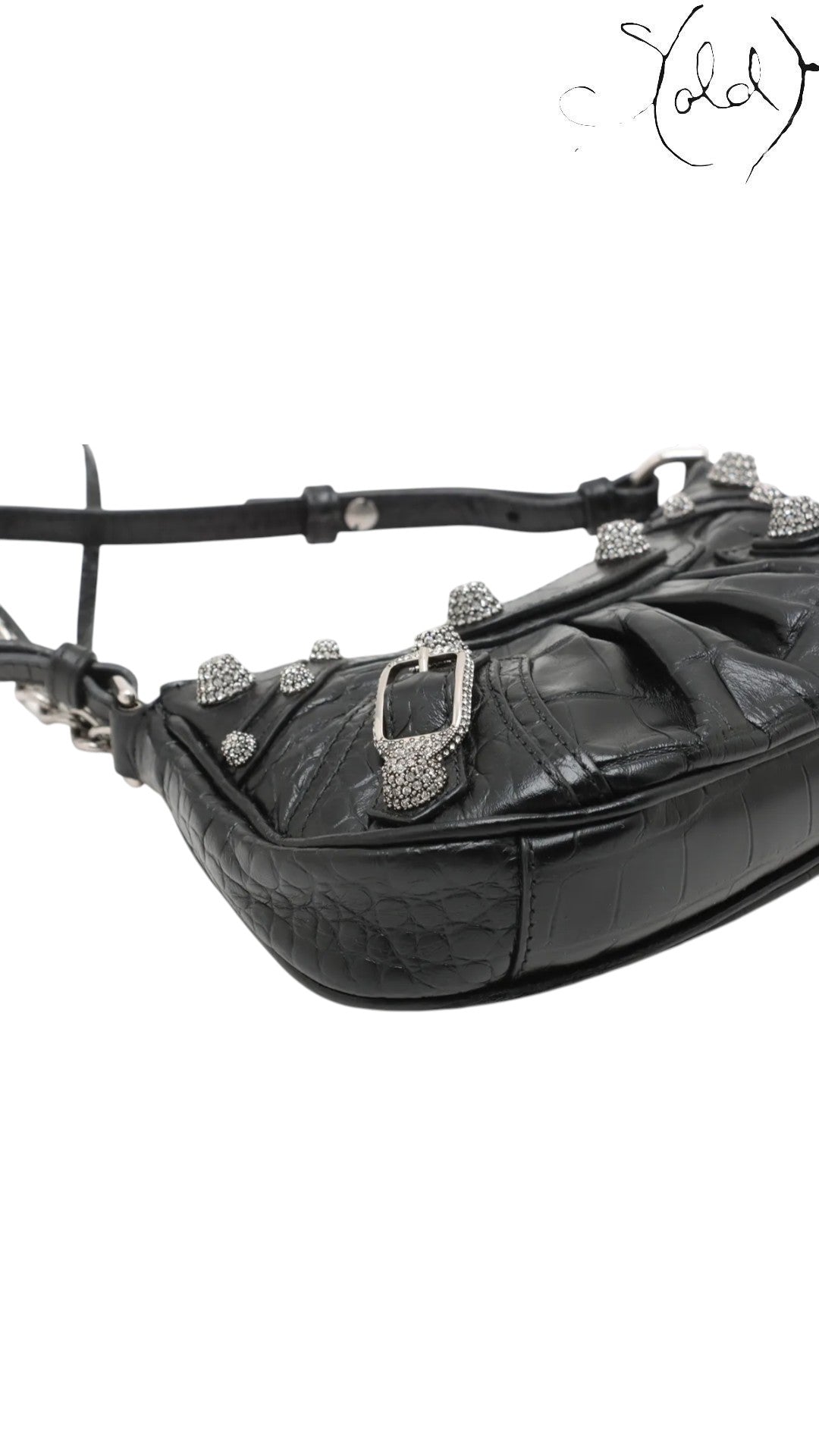 Balenciaga Le Cagole Mini Black Crocodile-Embossed Calfskin Rhinestone Chain 2023, Detail view | Sold Attire