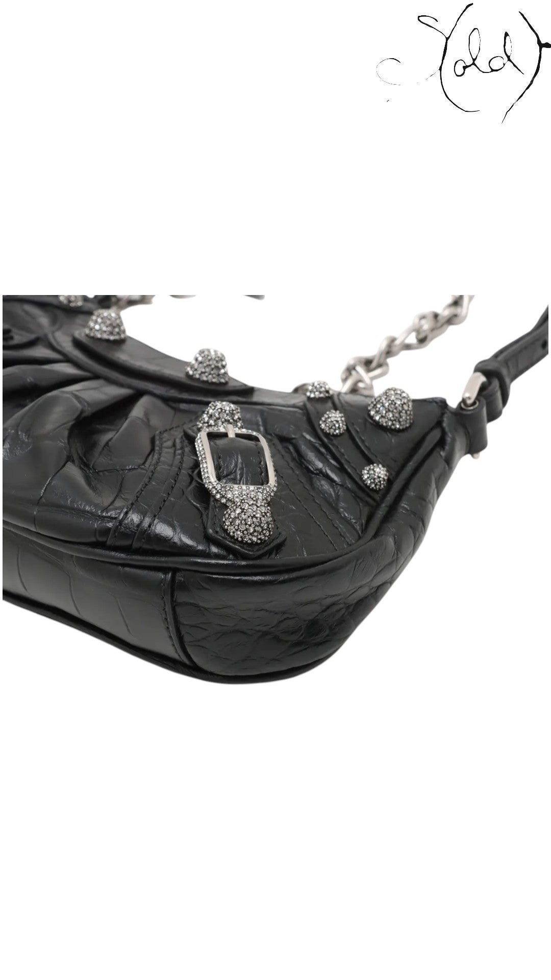 Balenciaga Le Cagole Mini Black Crocodile-Embossed Calfskin Rhinestone Chain 2023, Interior view | Sold Attire