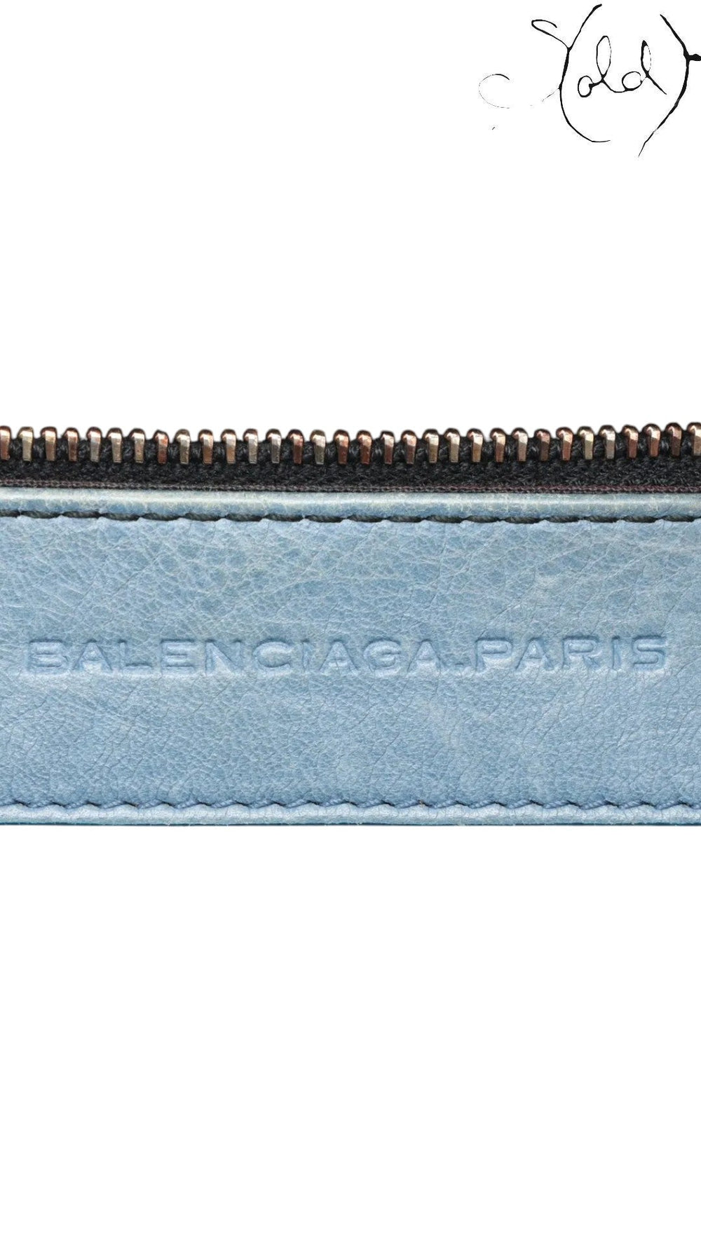 Sold Attire: Balenciaga Part Time Giant 12 bag in Bleu Glacier lambskin with rose gold hardware. Embossed logo.