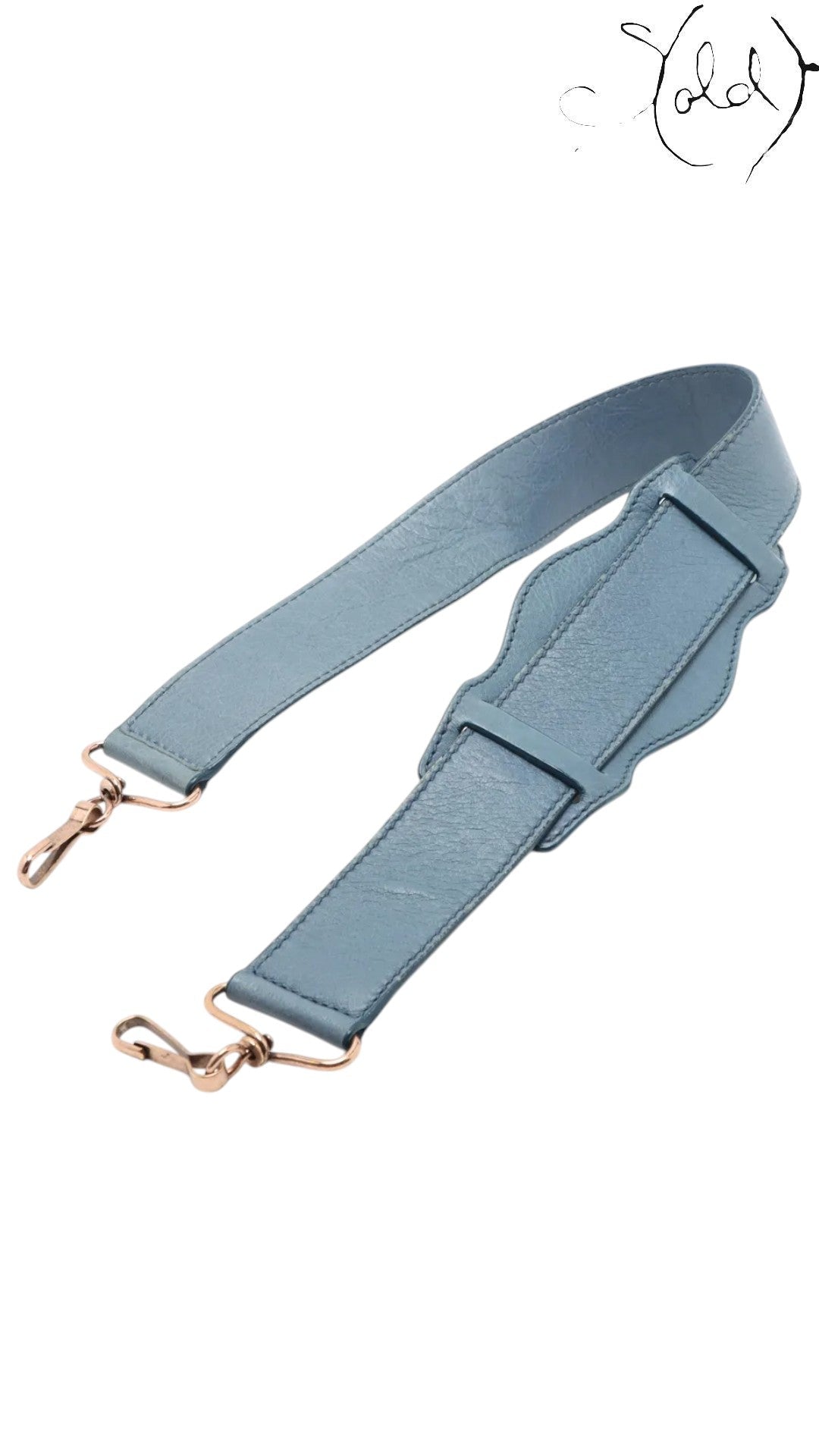 Sold Attire Bleu Glacier lambskin shoulder strap with rose gold hardware and adjustable buckle detail.