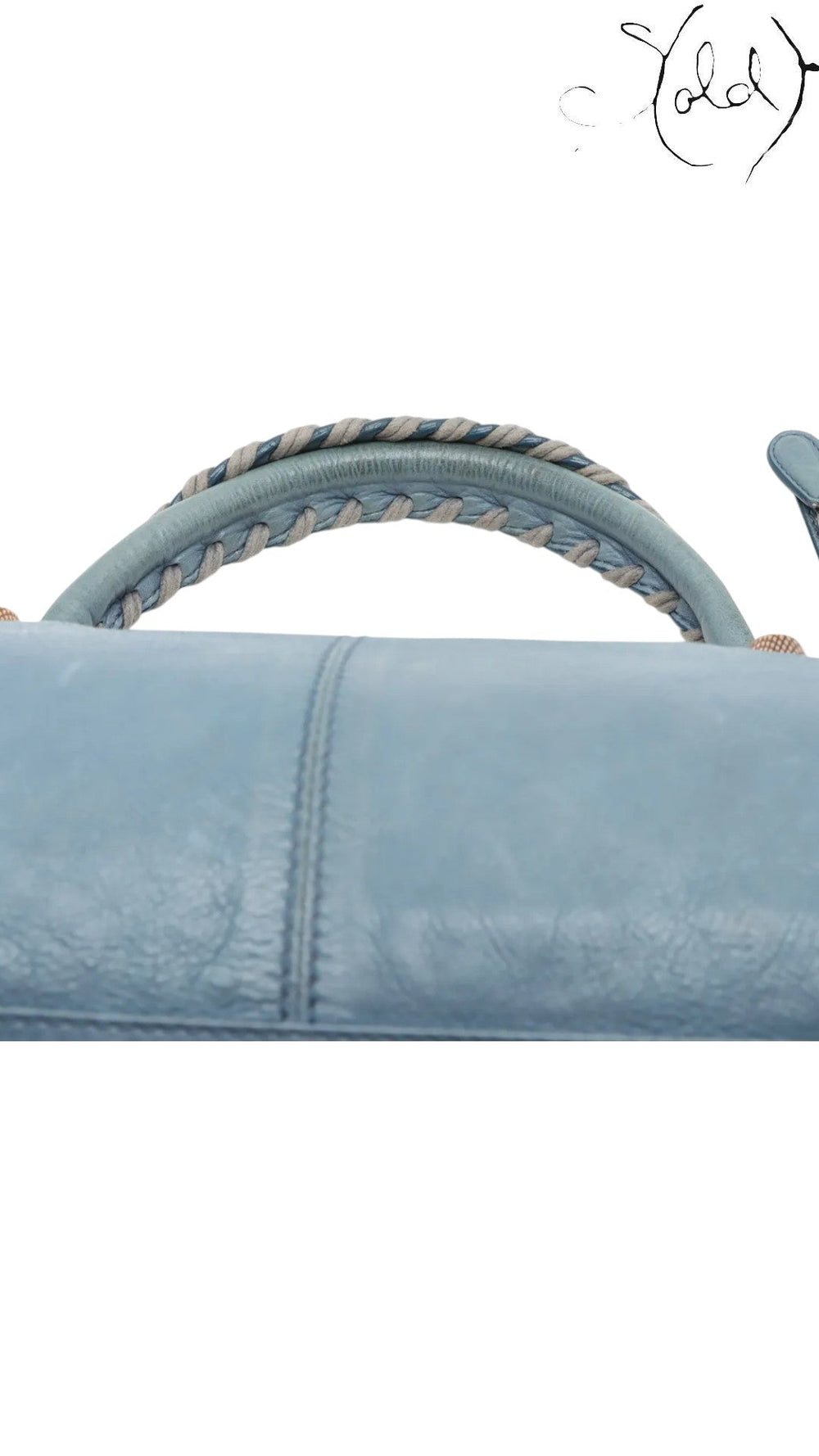 Sold Attire Balenciaga Part Time handbag in Bleu Glacier lambskin with rose gold hardware and braided handle detail.