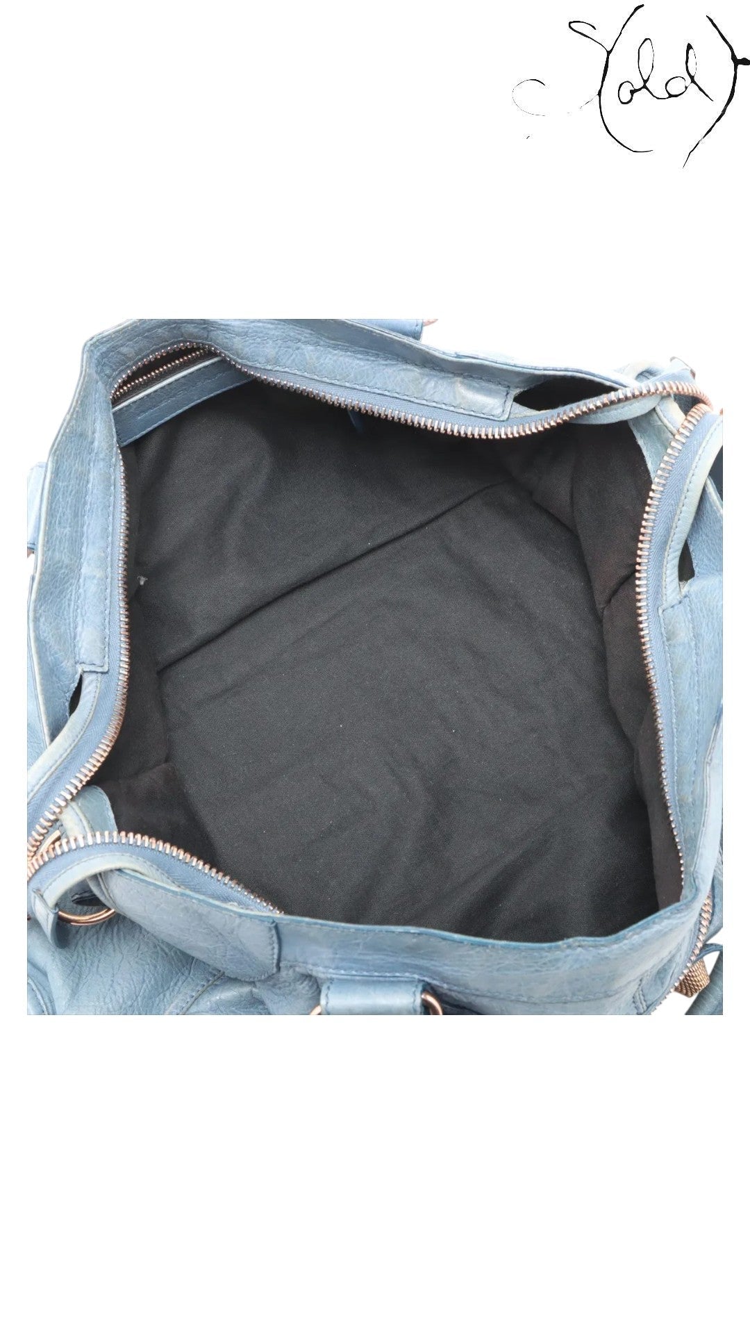 Sold Attire blue glacier lambskin Balenciaga Part Time Giant 12 bag with rose gold hardware, open top view.