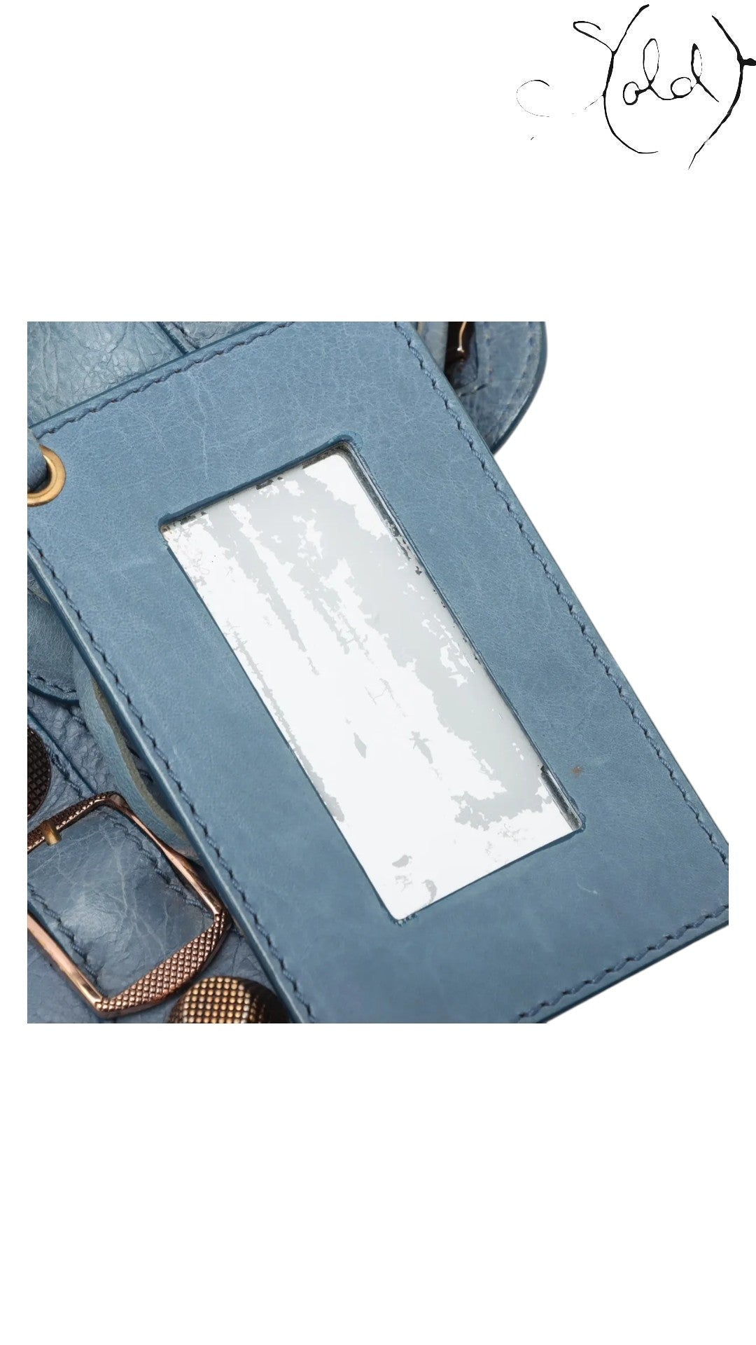 Sold Attire Bleu Glacier lambskin Balenciaga Part Time bag with rose gold hardware and a mirror tag.