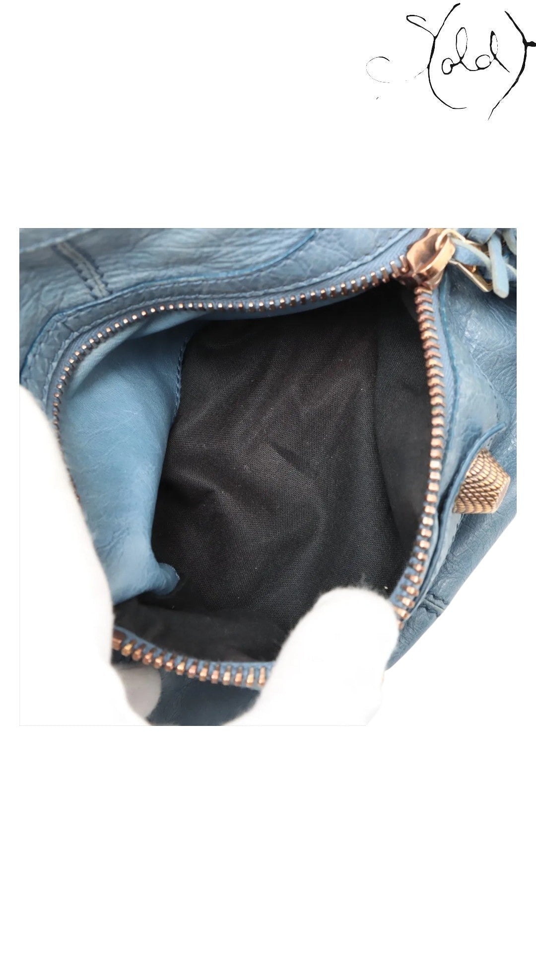 Sold Attire Bleu Glacier lambskin Balenciaga Part Time bag with rose gold hardware, showing interior.