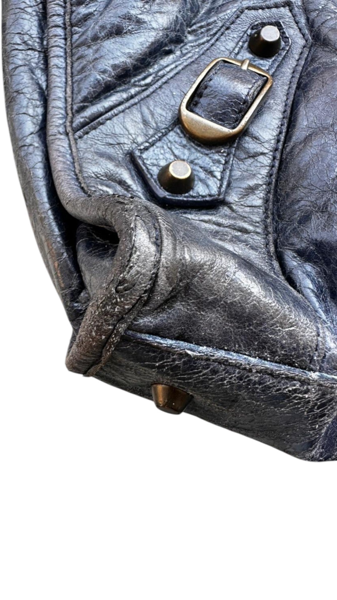 Sold Attire navy blue lambskin Balenciaga Classic Hardware Work bag with aged brass hardware and tassel zip pulls.
